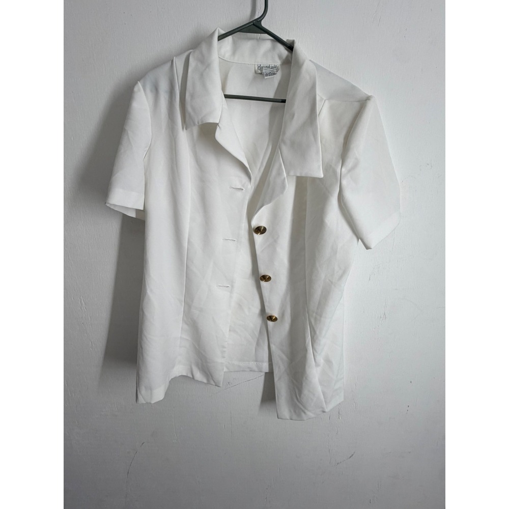Jennifer James Vintage White Short Sleeve Button Up Blouse Gold Buttons Size 18